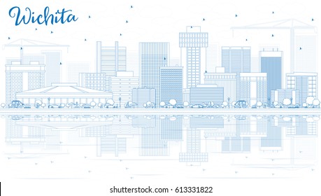 Outline Wichita Skyline with Blue Buildings and Reflections. Vector Illustration. Business Travel and Tourism Concept with Modern Architecture. Image for Presentation Banner Placard and Web Site.