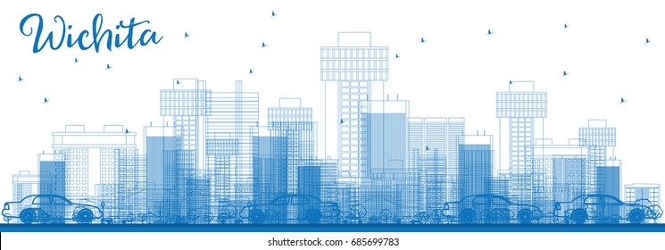 Outline Wichita Skyline with Blue Buildings. Vector Illustration. Business Travel and Tourism Concept with Modern Architecture. Image for Presentation Banner Placard and Web Site.