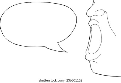 Outline of wide open mouth with word bubble