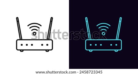 Outline wifi router icon, with editable stroke. Wifi router with antennas and wave signal. Wireless internet, mobile hotspot, modem with wifi network, internet connection. Vector icon