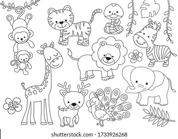 Outline wild safari animals vector illustration for coloring. Jungle animals line art including monkey, tiger, zebra, giraffe, lion, elephant, snake, deer and peacock.