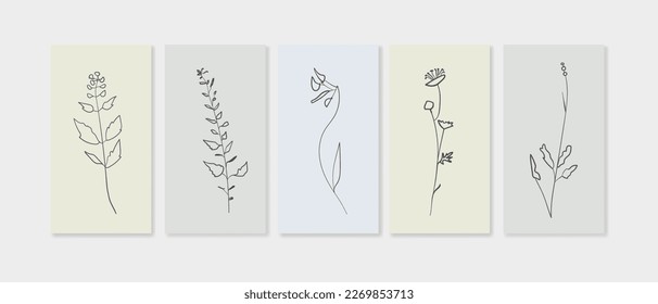 Outline Wildflowers twigs set on color background in line art style. Greenery vector illustration in minimalist style for invitation.