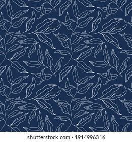 Rama de árbol silvestre de contorno sin problemas. Eucalyptus Deja un adorno de contorno moderno. Planta de arte en línea, Laurel Twig. Fondo vectorial floral para la impresión textil de diseño, raspado, papel envolvente