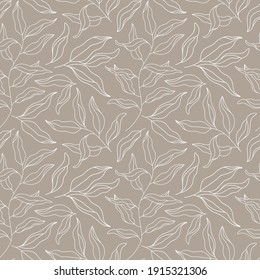 Outline Willow Tree Branch seamless pattern. Eucalyptus Leaves modern contour ornament. Line art Plant, Laurel Twig. Floral vector background for design textile print, scrapbooking, wrapping paper