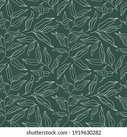 Outline Willow Tree Branch seamless pattern. Eucalyptus Leaves modern contour ornament. Line art Plant, Laurel Twig. Floral vector background, texture for textile print, scrapbooking, wrapping paper