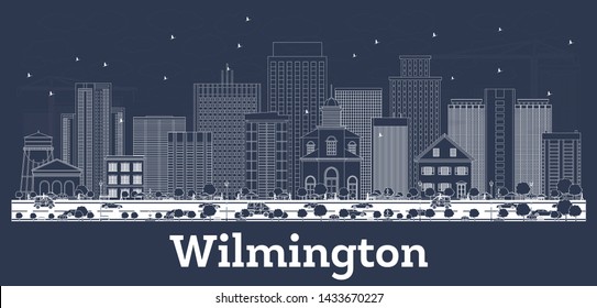 Outline Wilmington Delaware City Skyline with White Buildings. Vector Illustration. Business Travel and Tourism Concept with Historic Architecture. Wilmington Cityscape with Landmarks. 