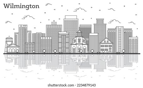 Outline Wilmington Delaware USA City Skyline with Historic Buildings and Reflections Isolated on White. Vector Illustration. Wilmington Cityscape with Landmarks.