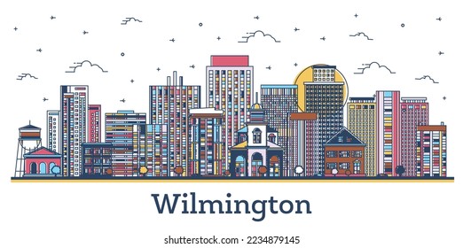 Outline Wilmington Delaware USA City Skyline with Colored Historic Buildings Isolated on White. Vector Illustration. Wilmington Cityscape with Landmarks.