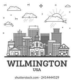 Esbozo del Skyline de Wilmington Delaware USA con edificios históricos aislados en blanco. Ilustración vectorial. El paisaje urbano de Wilmington con monumentos.