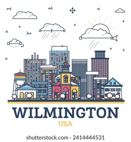 Outline Wilmington Delaware USA City Skyline with colored Historic Buildings Isolated on White. Vector Illustration. Wilmington Cityscape with Landmarks.