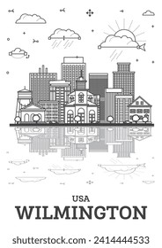 Esbozar el Skyline de Wilmington Delaware USA con edificios históricos y reflexiones aisladas en blanco. Ilustración vectorial. El paisaje urbano de Wilmington con monumentos.