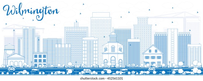 Esbozar el horizonte de Wilmington con edificios azules. Ilustración vectorial. Concepto de viajes de negocios y turismo con edificios modernos. Imagen para Presentación Placard Banner y Sitio Web.