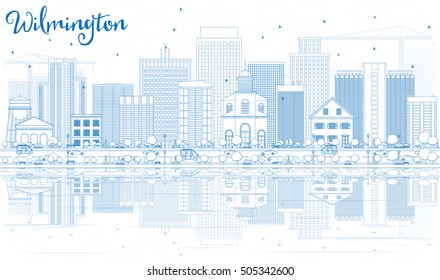 Outline Wilmington Skyline with Blue Buildings and Reflections. Vector Illustration. Business Travel and Tourism Concept with Modern Buildings. Image for Presentation Banner Placard and Web Site.