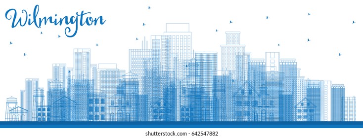 Esbozar el horizonte de Wilmington con edificios azules. Ilustración vectorial. Concepto de viajes de negocios y turismo con edificios modernos. Imagen para Presentación Placard Banner y Sitio Web.