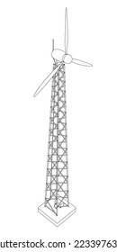 Outline of a wind tower from black lines isolated on a white background. Isometric view. 3D. Vector illustration.