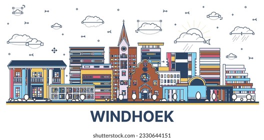 Umriss Windhoek Namibia City Skyline mit farbigen modernen und historischen Gebäuden einzeln auf Weiß. Vektorgrafik. Windhoek City mit Sehenswürdigkeiten.