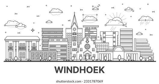 Umriss Windhoek Namibia City Skyline mit modernen und historischen Gebäuden einzeln auf Weiß. Vektorgrafik. Windhoek City mit Sehenswürdigkeiten.