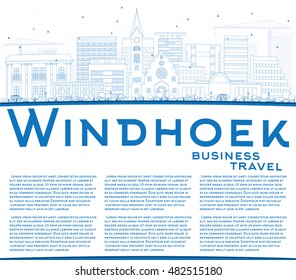 Outline Windhoek Skyline with Blue Buildings and Copy Space. Vector Illustration. Business Travel and Tourism Concept with Modern Buildings. Image for Presentation Banner Placard and Web Site.