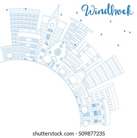Outline Windhoek Skyline with Blue Buildings and Copy Space. Vector Illustration. Business Travel and Tourism Concept with Modern Architecture. Image for Presentation Banner Placard and Web Site.
