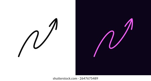 Ícone de seta de contorno do contorno, com traçado editável. Ícone de seta de curva desenhada à mão, ponta de seta de linha de doodle. Seta de contorno, ponteiro desenhado à mão, navegação em serpentina, direção do movimento. Ícone de vetor