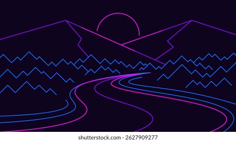 Outline winding road through forest and mountains at sunset background in neon 80s arcade game style.