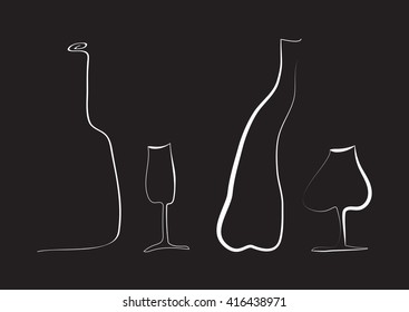 Outline wine bottles and glass. Vector.