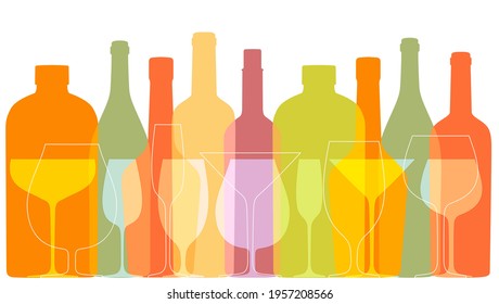 Outline Wine bottles and glasses. Silhouettes in overprinting style. Background with contour bottles and glasses. Vector template for menu, festival, banner.