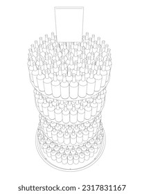 Outline Wine bottles stacked on wooden racks. Vector illustration isolated on white background. Bottle rack icon vector in thin line, on white background. Beer and brewing sign and symbol.