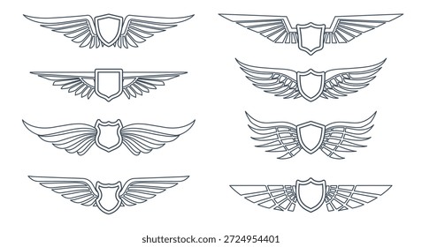 Esquema de escudos alados. Escudos de línea con alas colección para insignias, Anuncios de protección lisos conjunto Ilustración vectorial