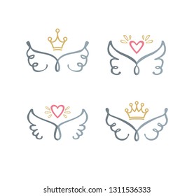 Outline of wings with heart and crown. Drawn by hand, sketch, doodle. Cute vector illustration.
