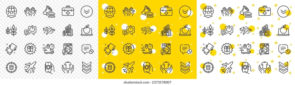 Outline Winner cup, Gluten free and Express delivery line icons pack for web with Global engineering, Plane, Washing machine line icon. First aid, Hold t-shirt, Airplane pictogram icon. Vector