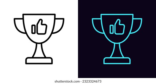 Icono de copa ganadora de contorno, con trazo editable. Copa de premio con la señal Thumb Up, goblet de apoyo con la mano Like. Recompensa por ciberdeporte, logro de juegos y premio, trofeo campeón, triunfo de la victoria. Icono de vector