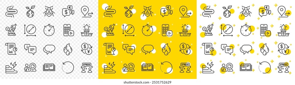 Outline Winner podium, Intestine and Software bug line icons pack for web with Recovery data, Education, Difficult stress line icon. Currency exchange, Phone app, Flammable fuel pictogram icon. Vector