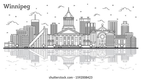 Outline Winnipeg Canada City Skyline with Modern Buildings and Reflections Isolated on White. Vector Illustration. Winnipeg Cityscape with Landmarks. 