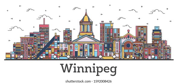 Outline Winnipeg Canada City Skyline with Color Buildings Isolated on White. Vector Illustration. Winnipeg Cityscape with Landmarks. 