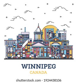 Outline Winnipeg Canada City Skyline with Colored Historic Buildings Isolated on White. Vector Illustration. Winnipeg Cityscape with Landmarks. 