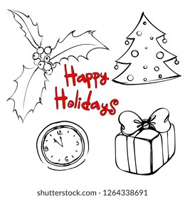 Outline winter new year set for greeting post card, invitation. Vector Illustration for coloring book. New year tree, present box, wall clock, ilex. Holy tree with berries. Red words Happy Holidays