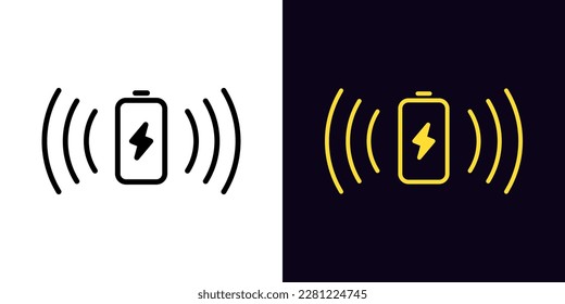 Outline wireless battery charging icon, with editable stroke. Battery with lightning sign and waves, wireless electric charger. Inductive dock station for charging devices. Vector icon for Animation