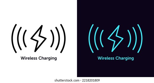 Icono de carga inalámbrica de contorno, con trazo editable. Signo de cargador inalámbrico, carga eléctrica con ondas, pictograma relámpago. Estación de acoplamiento inductivo para dispositivos de carga. Icono de vector para animación