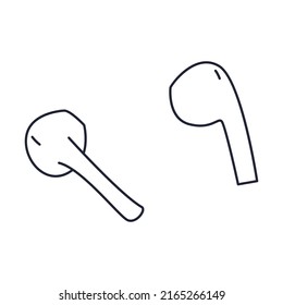 Outline wireless earphones. Personal audio equipment for podcasting, listening to music. Wireless Earbud, In-Ear Headphones. Simple doodle black white vector illustration isolated on white background.