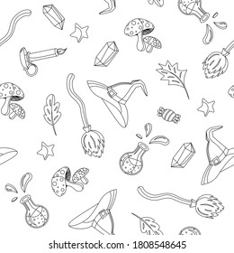 Outline witch accessories seamless pattern. Happy Halloween background for wrapping paper. Vector monocrome illustrations on white background.