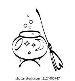Outline witch cauldron and broom isolated on white background.Magic potion,witch supplies,vector design elements.For Halloween and other designs