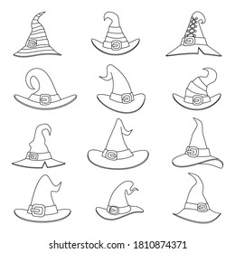 Outline witch hat decoration halloween icons set isolated cartoon lineart vector design illustration