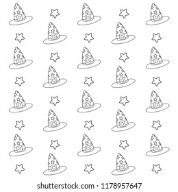 outline witch hat with ribbon and star background