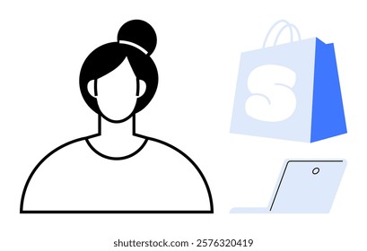 Outline of a woman with a bun hairstyle beside a shopping bag with an S and a laptop. Ideal for ecommerce, online shopping, technology, consumer behavior, modern lifestyles. Minimalist vector style