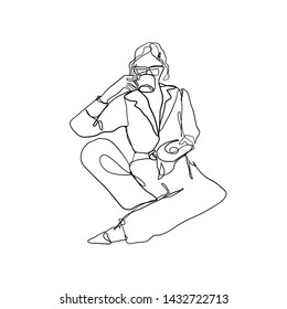 Outline woman with a coffee. Stylized silhouette female model. One line hand drawing. Girl in trendy clothes - jacket,
trousers, sunglasses.