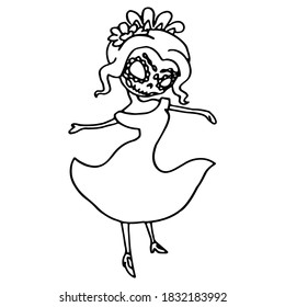 Outline woman dancing on white isolated backdrop. Santa muerte girl for invitation or gift card, notebook, bath tile, scrapbook. Phone case or cloth print art. Doodle style stock vector illustration