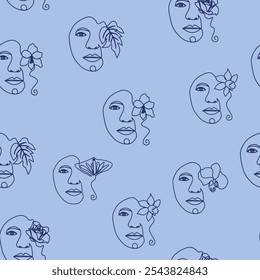 Outline woman face, abstract flowers leaves, line continuous drawing vector seamless pattern. Female portrait