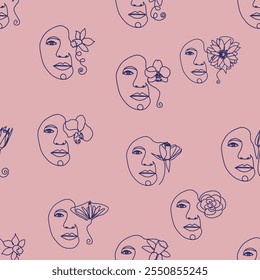 Outline woman face, abstract flowers leaves, line continuous drawing vector seamless pattern. Female portrait
