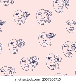 Outline woman face, abstract flowers leaves, line continuous drawing vector seamless pattern. Female portrait